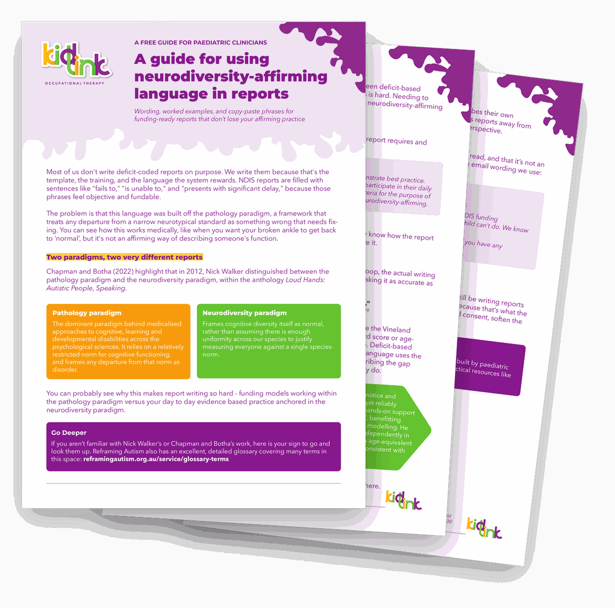 The three pages of the guide fanned out, showing the front page with the pathology and neurodiversity paradigm boxes